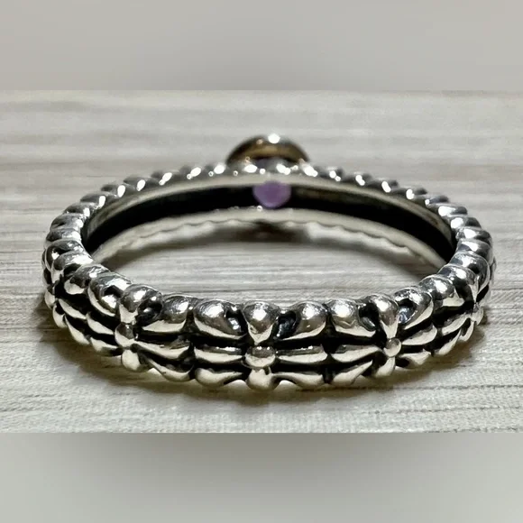 Vintage Designer Signed P Sterling Silver & 14K Gold Amethyst Ring, Size 7